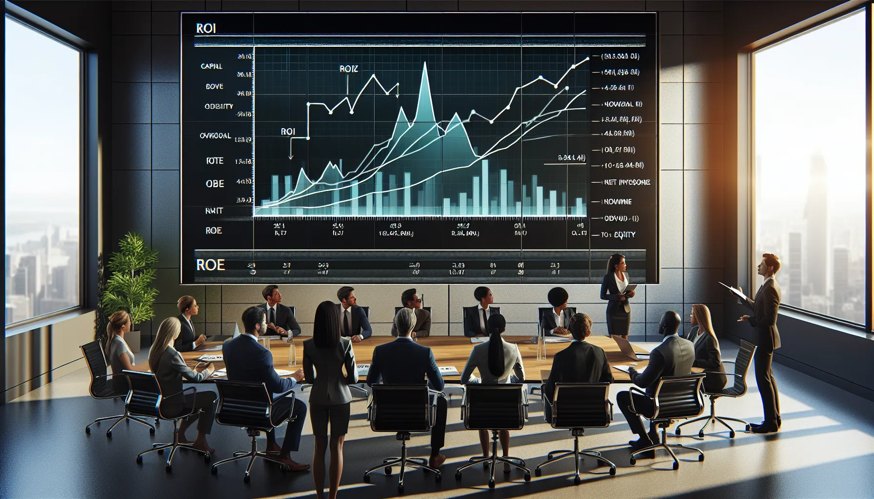 Professionals in a meeting discussing financial graphs on a projection screen.