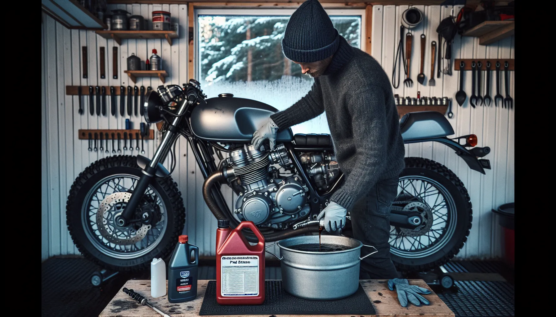 Pouring fuel stabilizer into a motorcycle tank in a wintery norwegian garage.