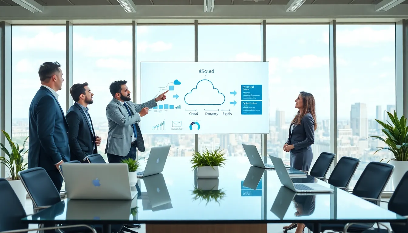 diverse professionals discussing cloud computing services in a modern office.