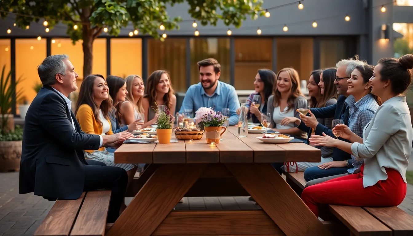 diverse group celebrating at a rustic outdoor picnic setting.