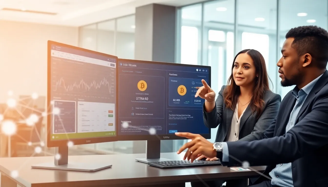 team discussing blockchain technology in a modern office.