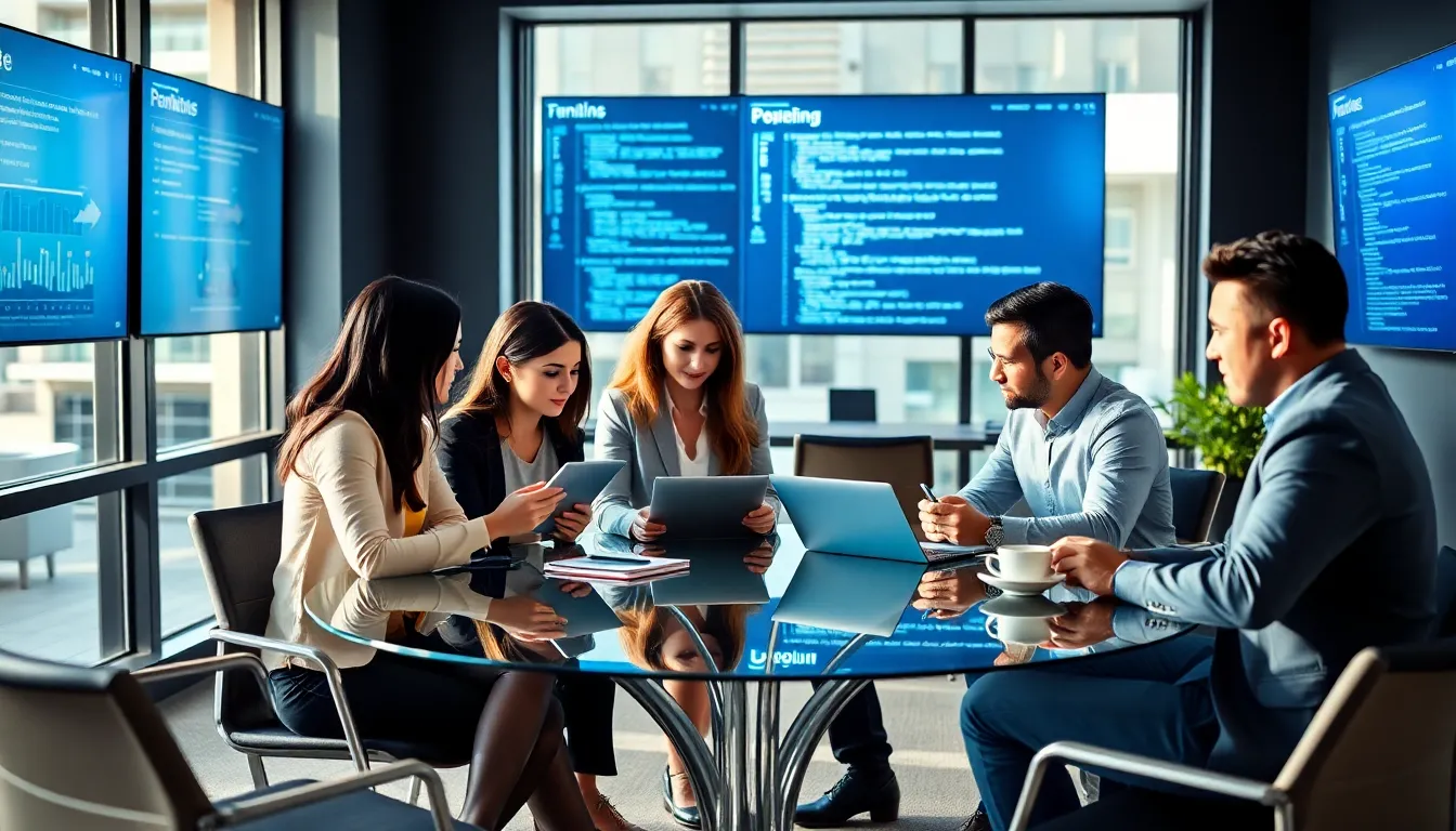 diverse software development team collaborating in a modern office.