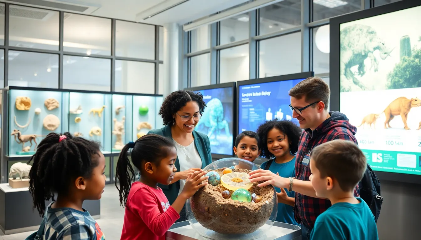 children exploring hands-on exhibits in a life science museum.