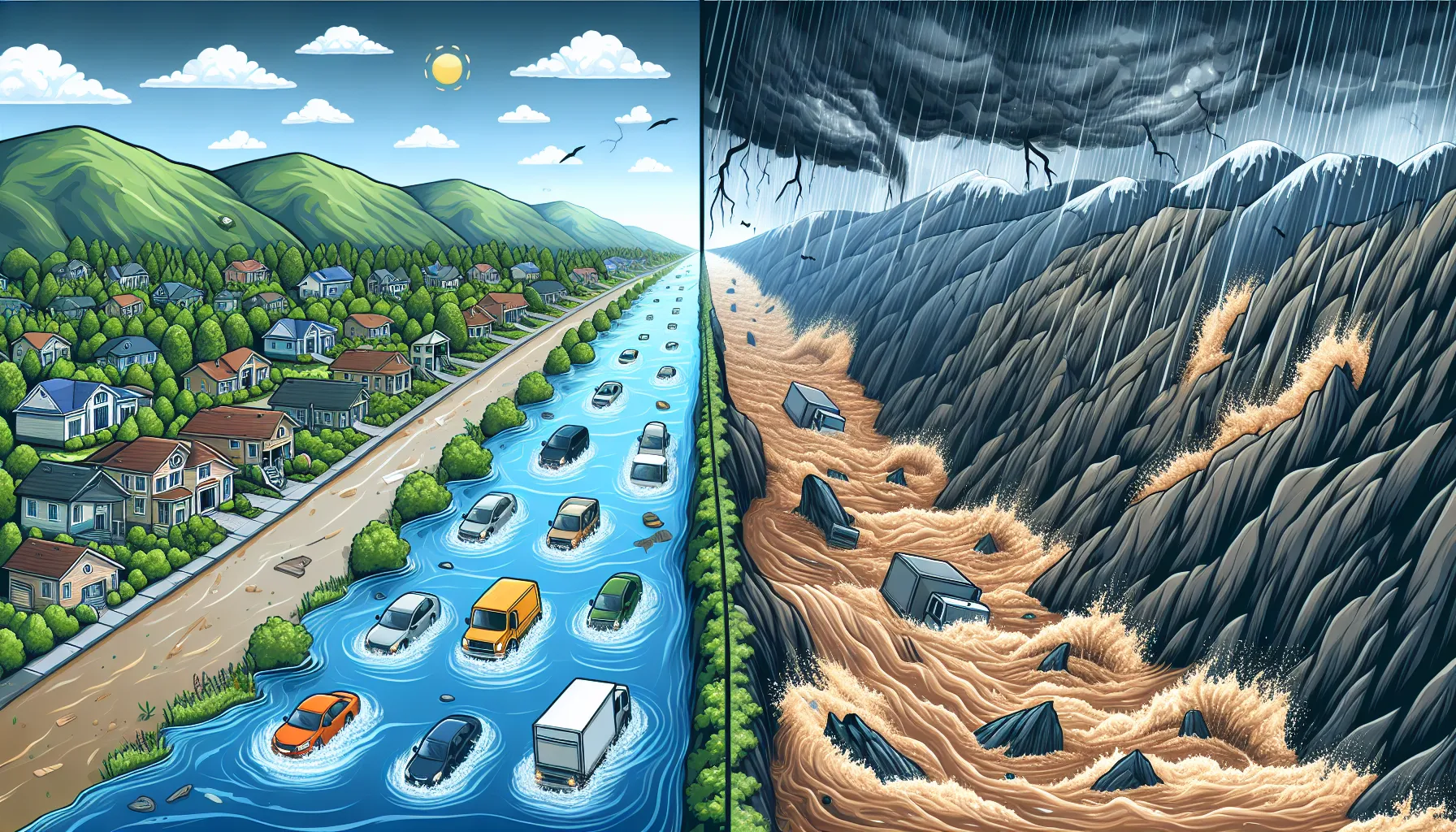 Illustration comparing flood and flash flood scenarios.