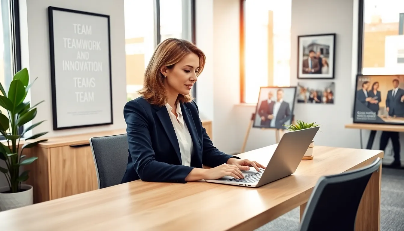 a manager in a stylish office communicating via email at Homerocket Realty.