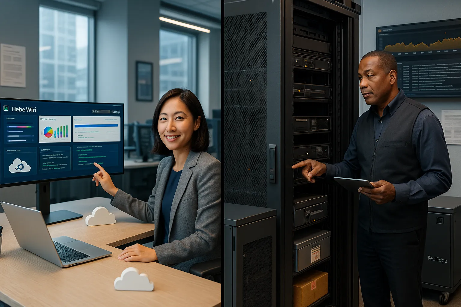 Engineer at cloud console and admin beside on‑prem server rack, side‑by‑side comparison.