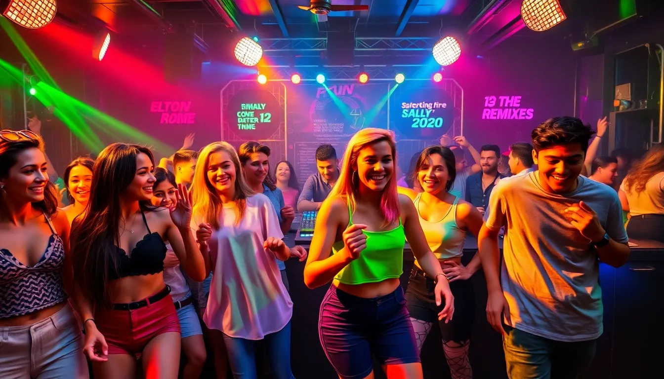 diverse group of young adults dancing in a vibrant club setting.
