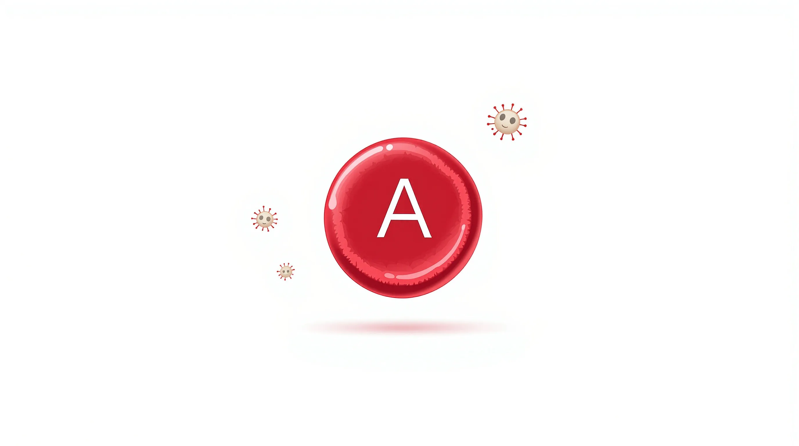 A minimalist red blood cell with A antigen marker and small virus shapes on white.