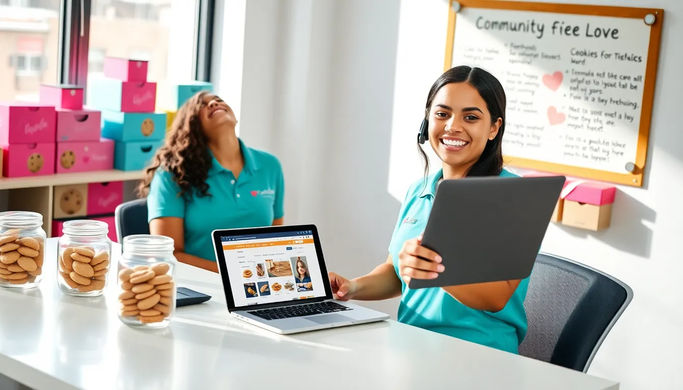 A customer service representative smiling while assisting customers at CookiesForLove.