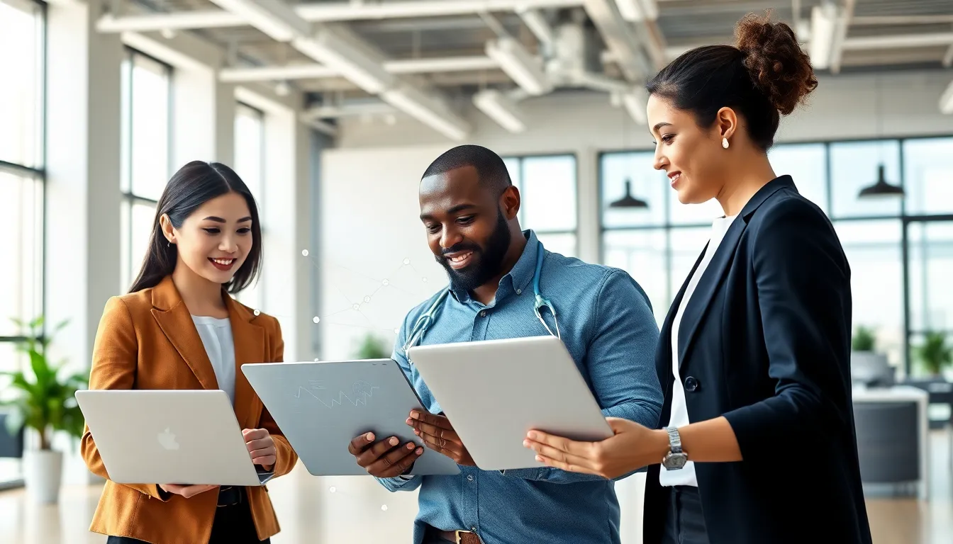 diverse team discussing data management in a modern office setting.