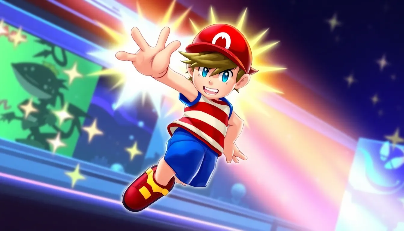 Ness from EarthBound in a dynamic pose in a gaming arena.