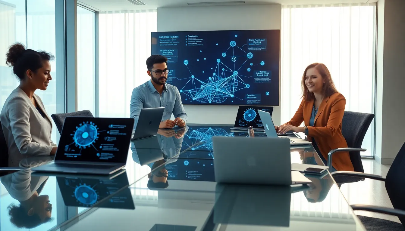 diverse team discussing blockchain technology in a modern office.
