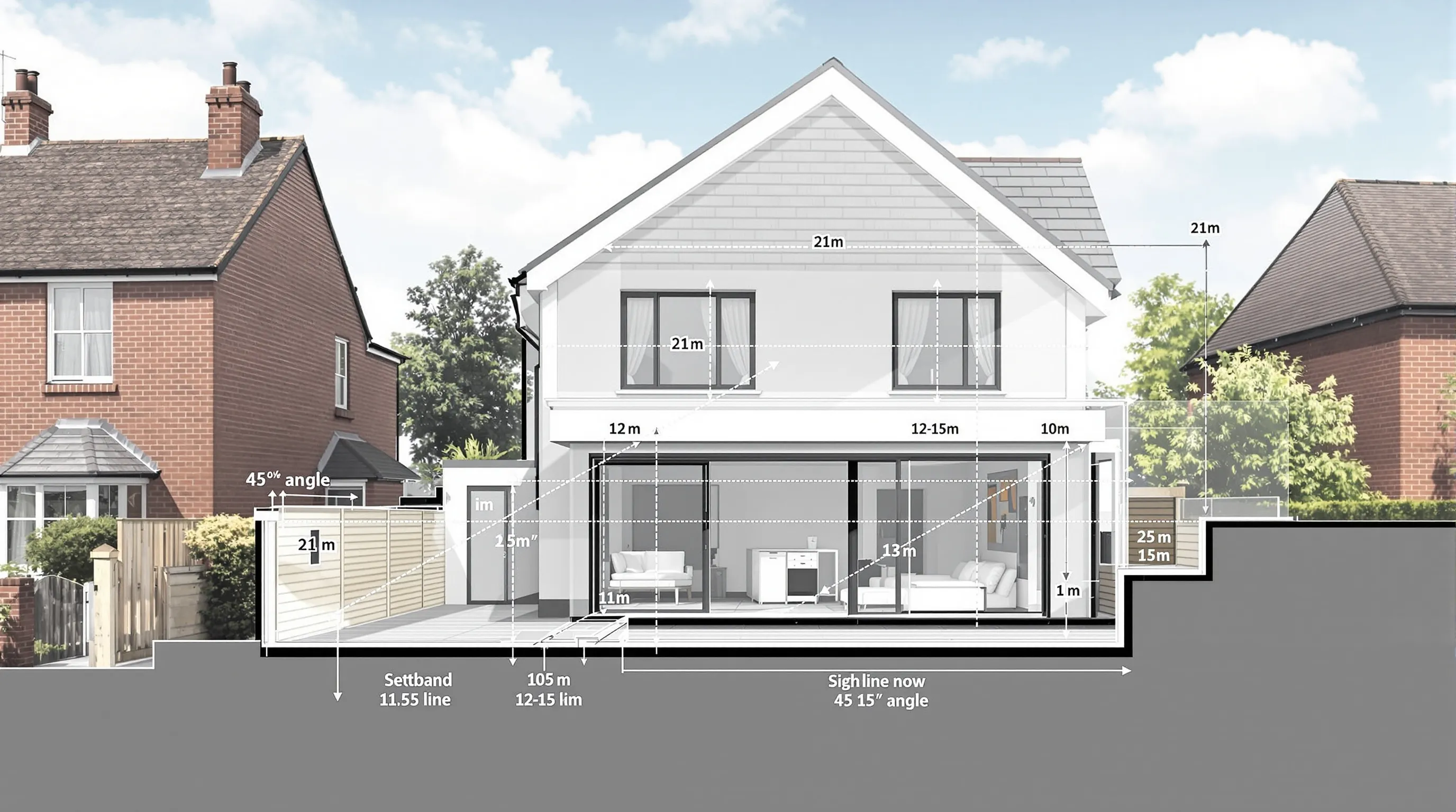 Architectural diagram showing house extension setbacks and window positioning with measurement annotations.