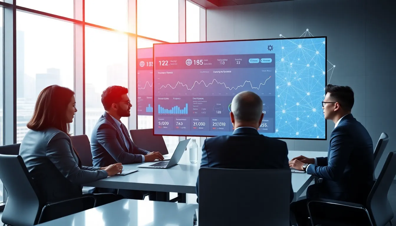 diverse team discussing blockchain technology in a modern office.