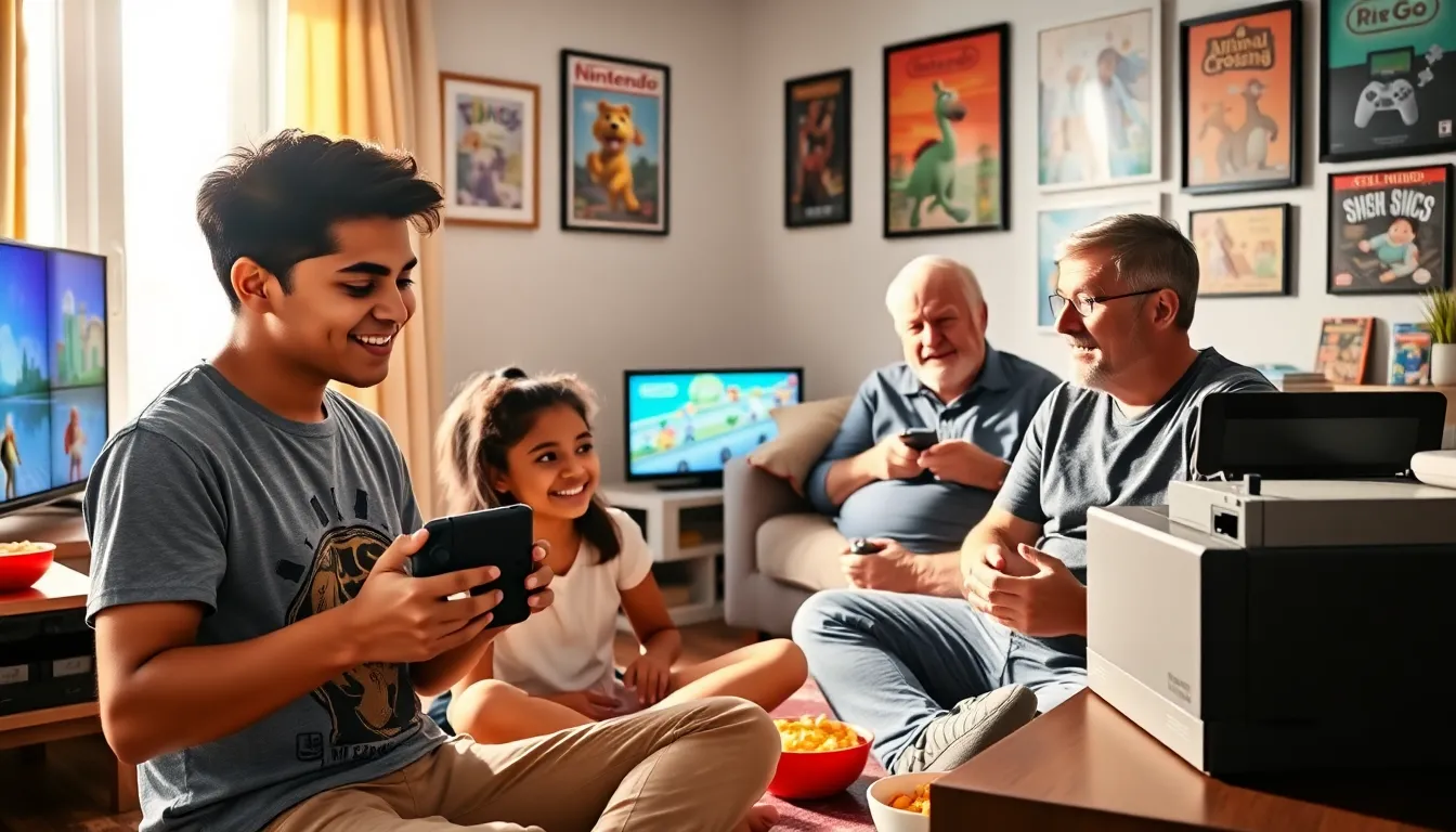 a group of diverse gamers enjoying Nintendo Switch in a cozy living room.