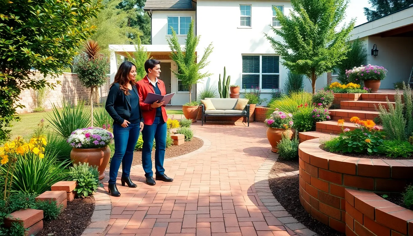 diverse team discussing landscaping with brick elements in a garden.