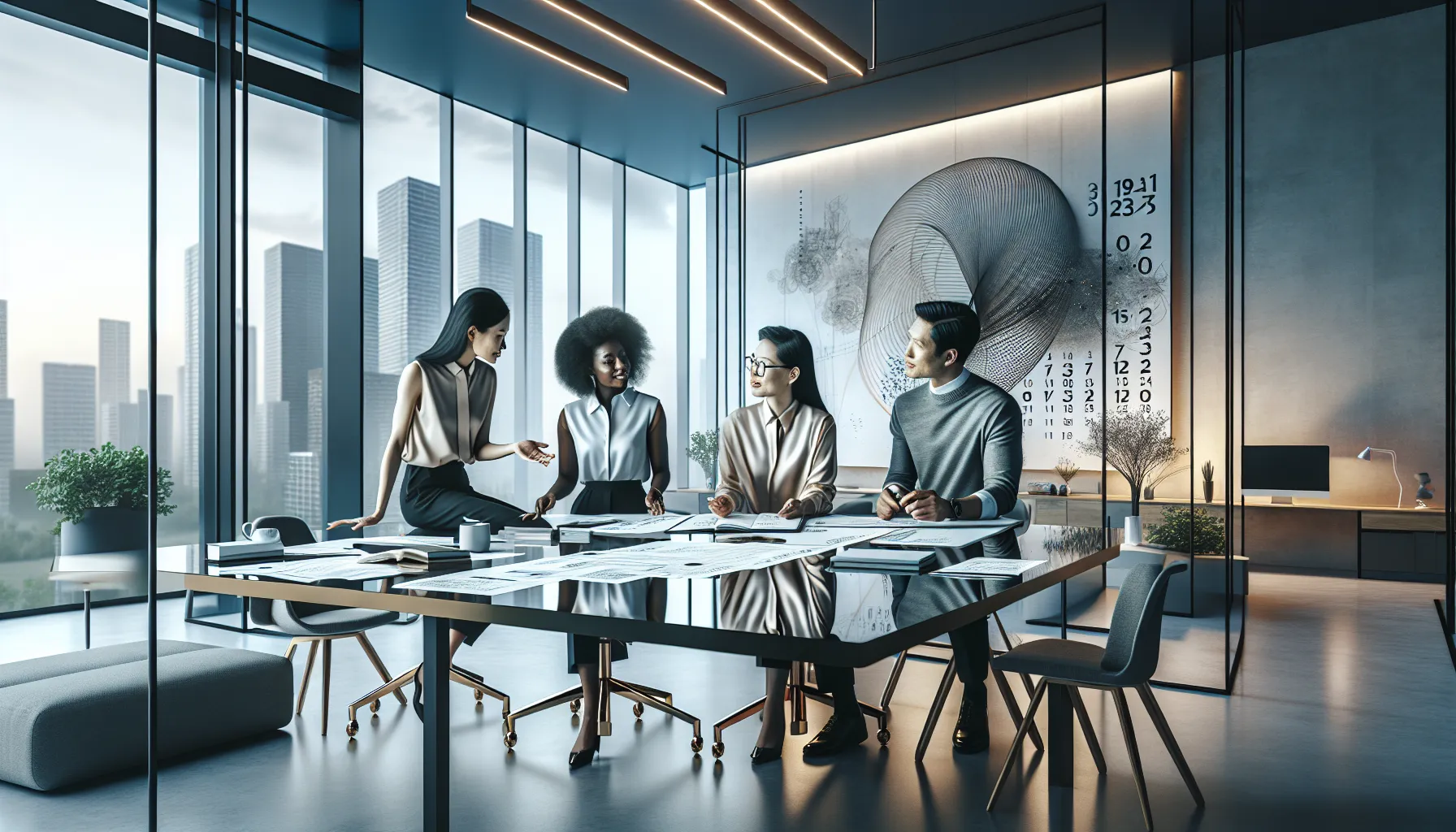 professionals discussing numerology in a modern office setting.