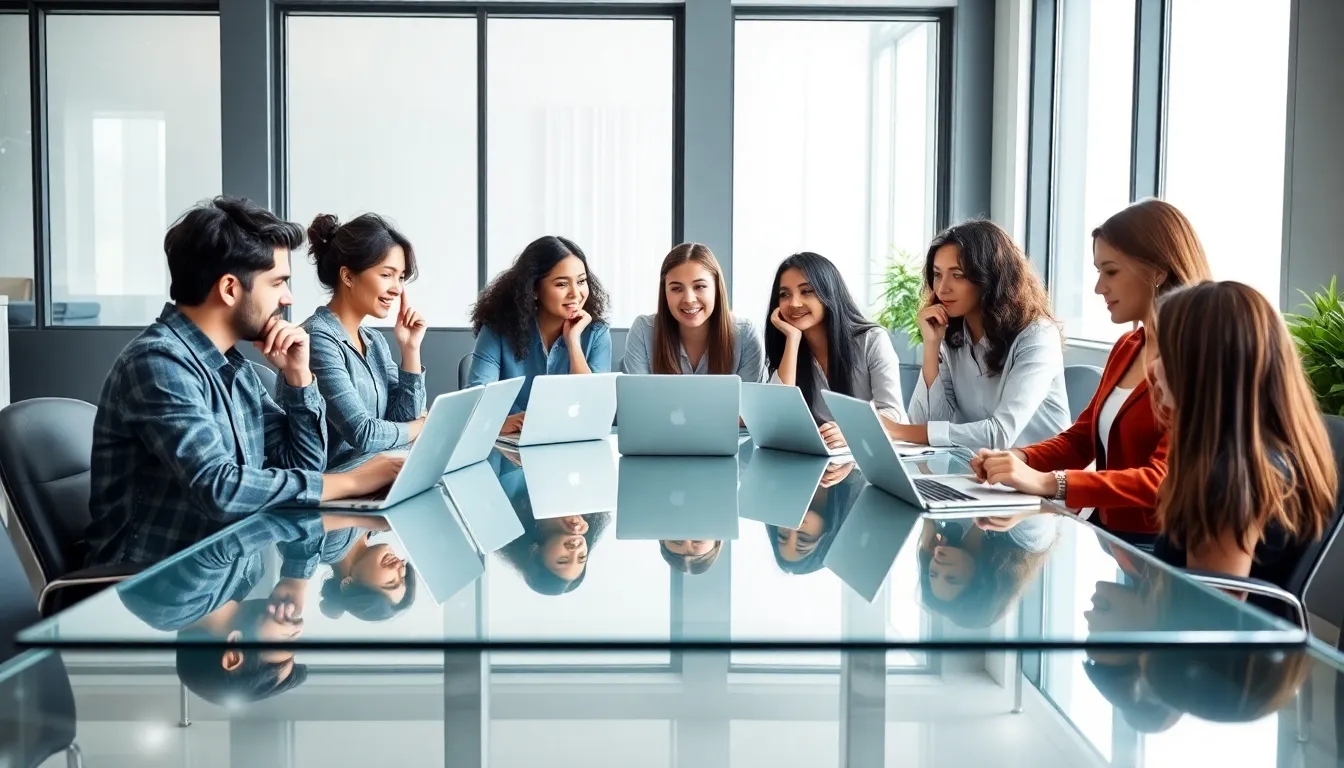 diverse team brainstorming in a modern workspace.