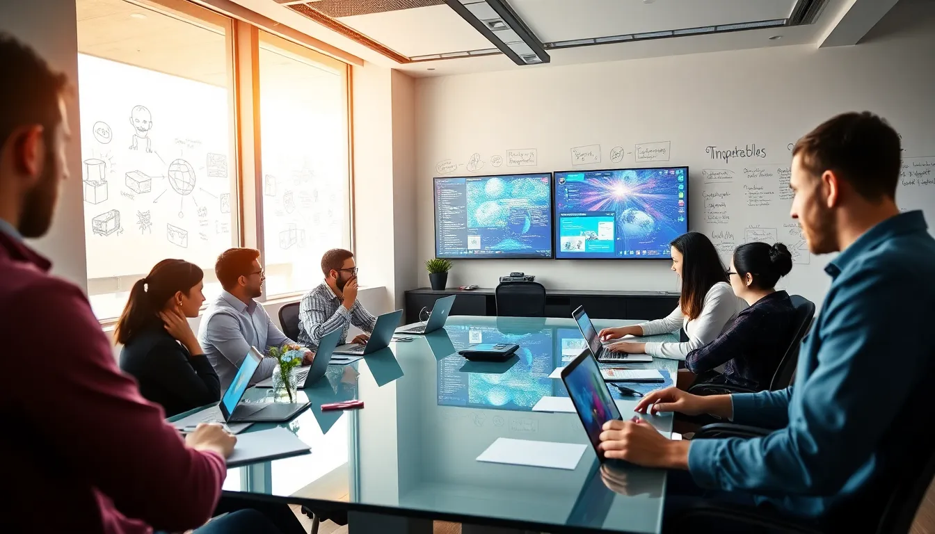 diverse game developers collaborating in a modern office setting.