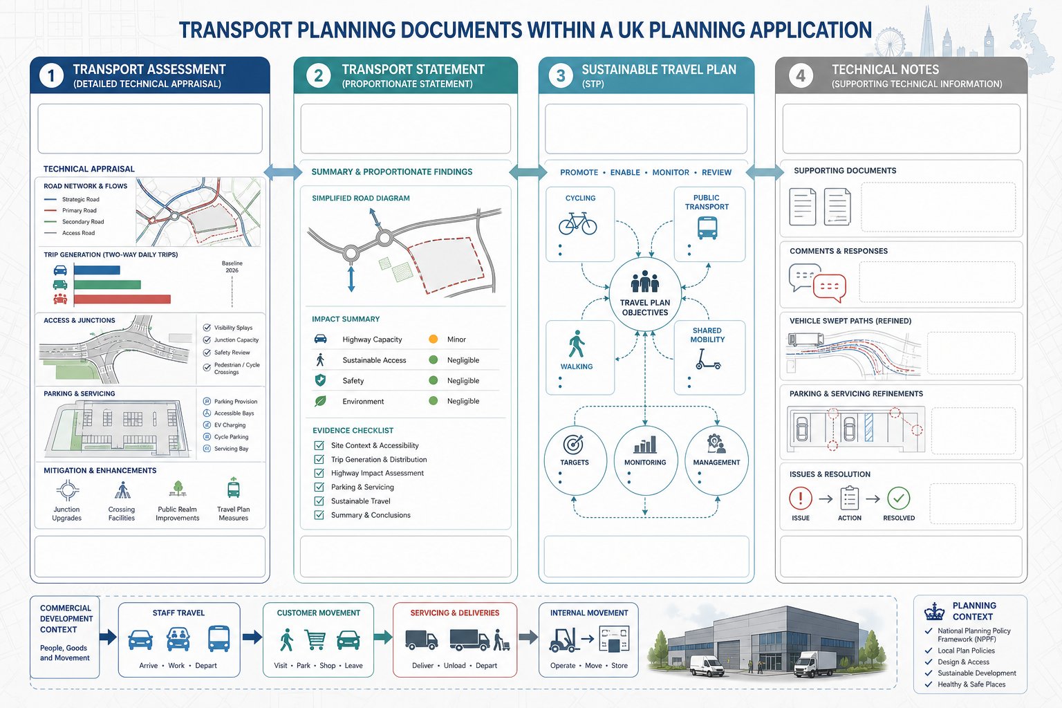 comparison infographic of transport assessment, statement, travel plan, and technical notes