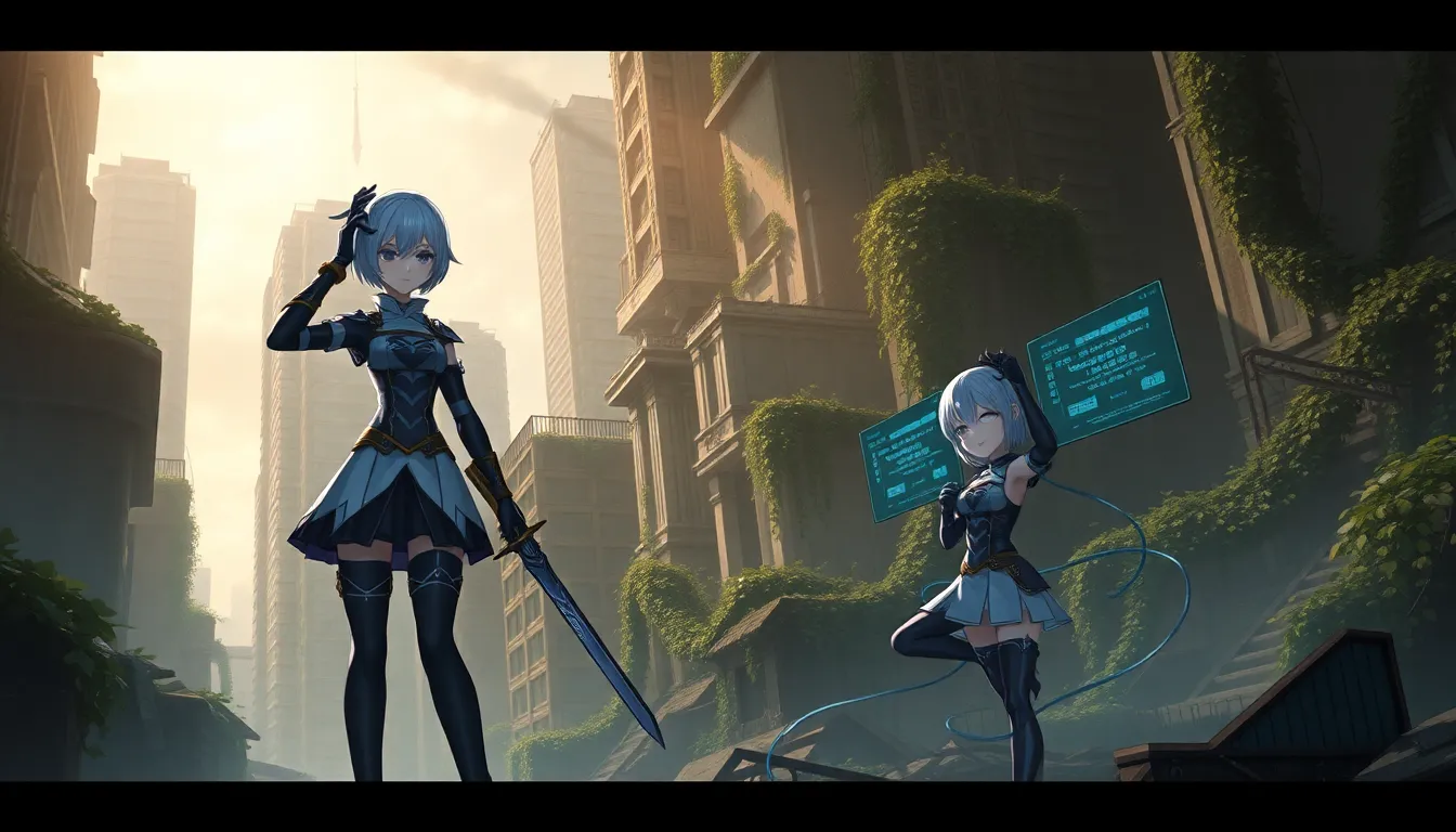 2B and 9S from Nier Automata in a post-apocalyptic setting.