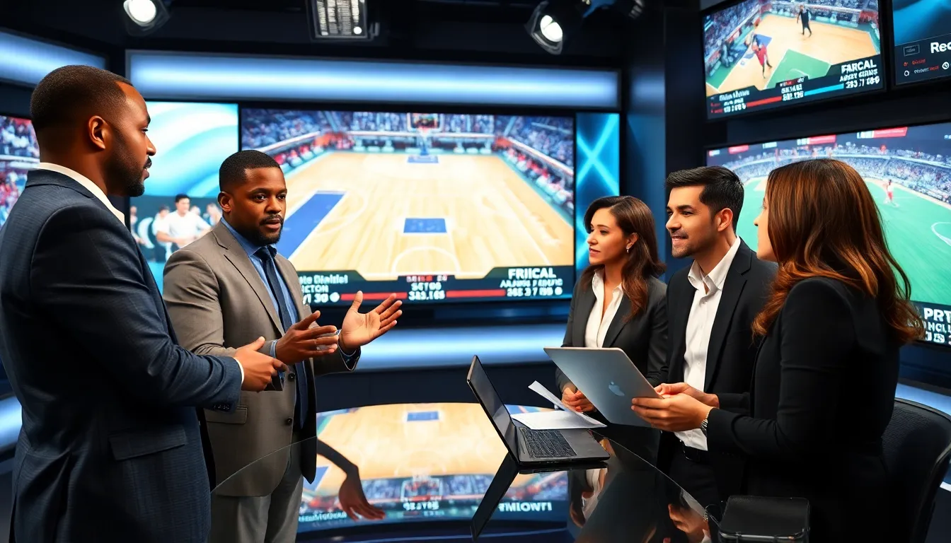 diverse sports analysts discussing recent game highlights in a modern newsroom.