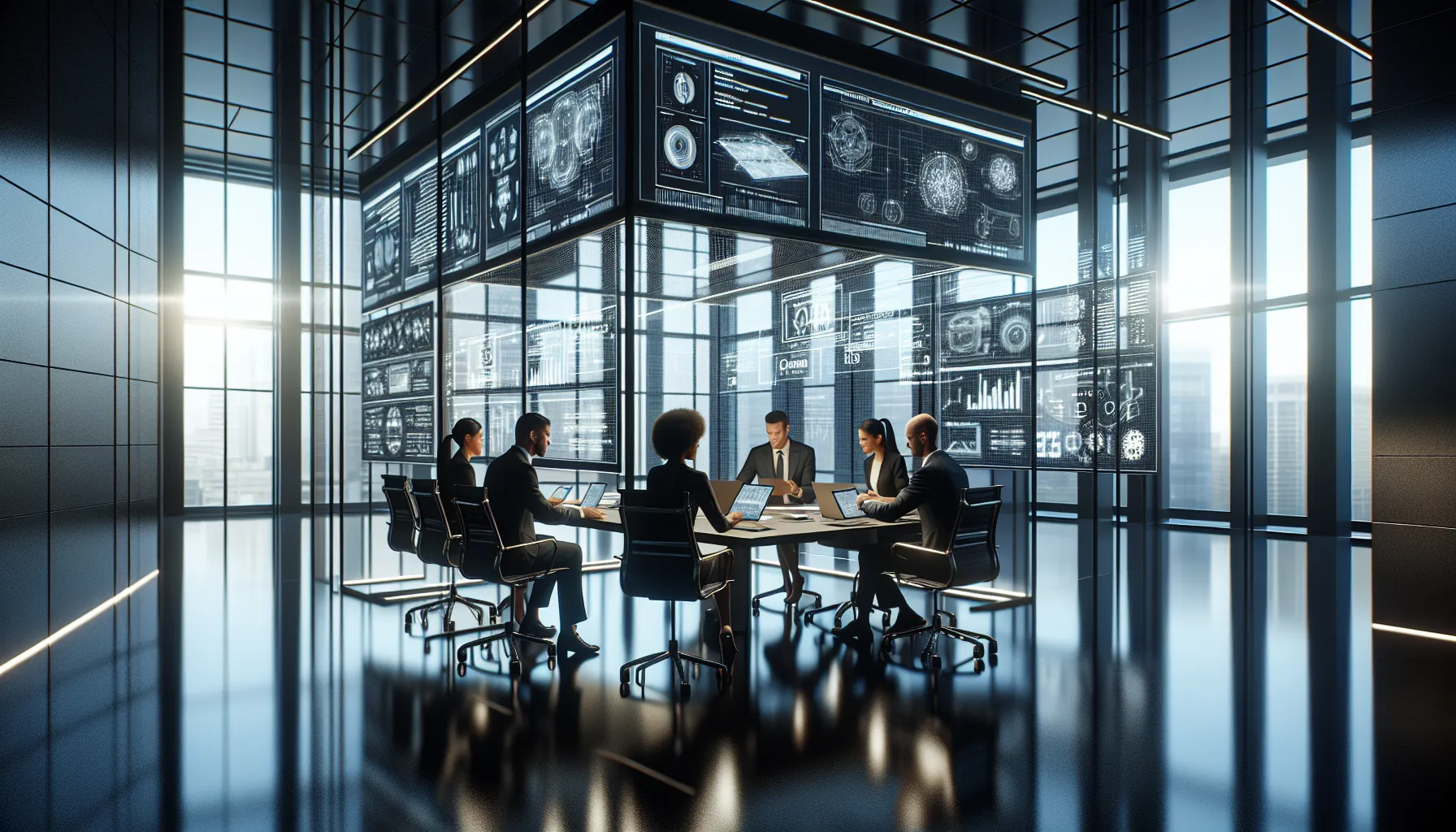 diverse team discussing technology specifications in a modern office.