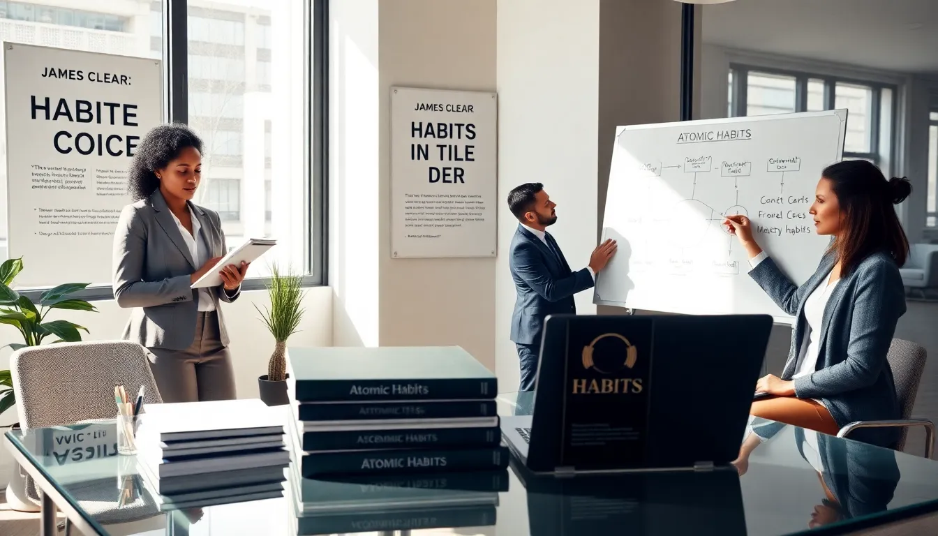 diverse professionals discussing habit formation in a modern office.
