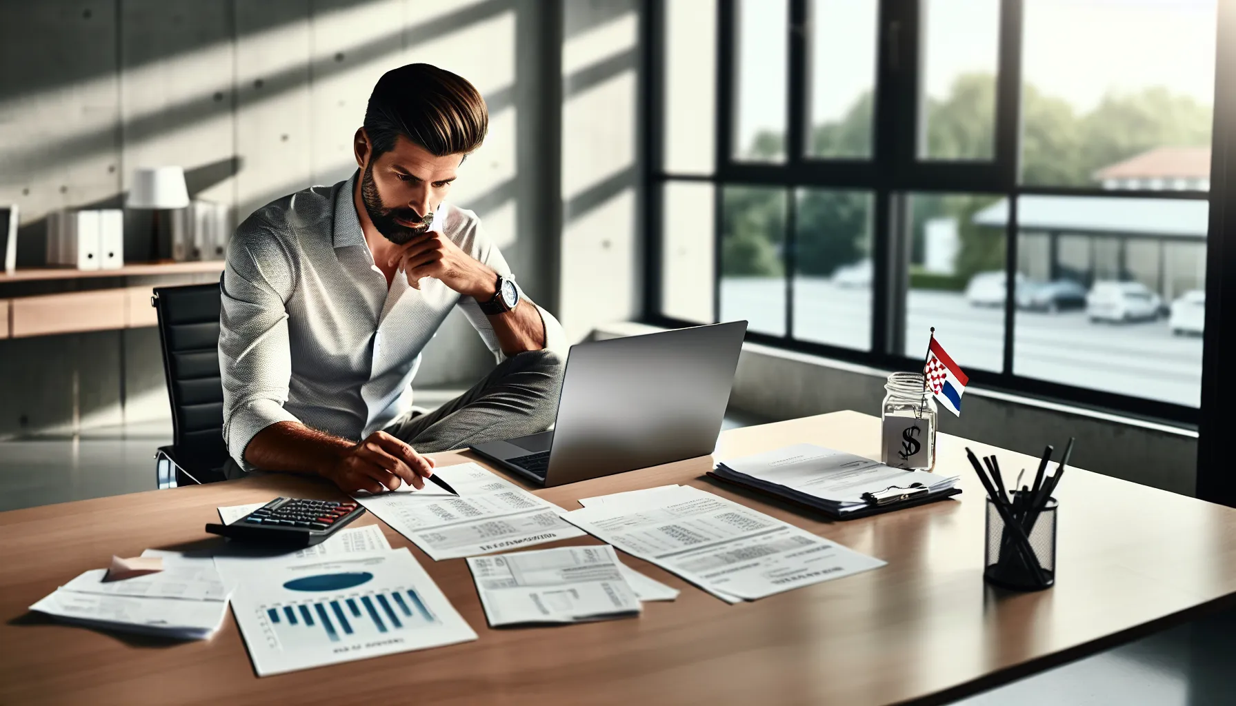 Business professional reviewing invoices and billing documents in modern office