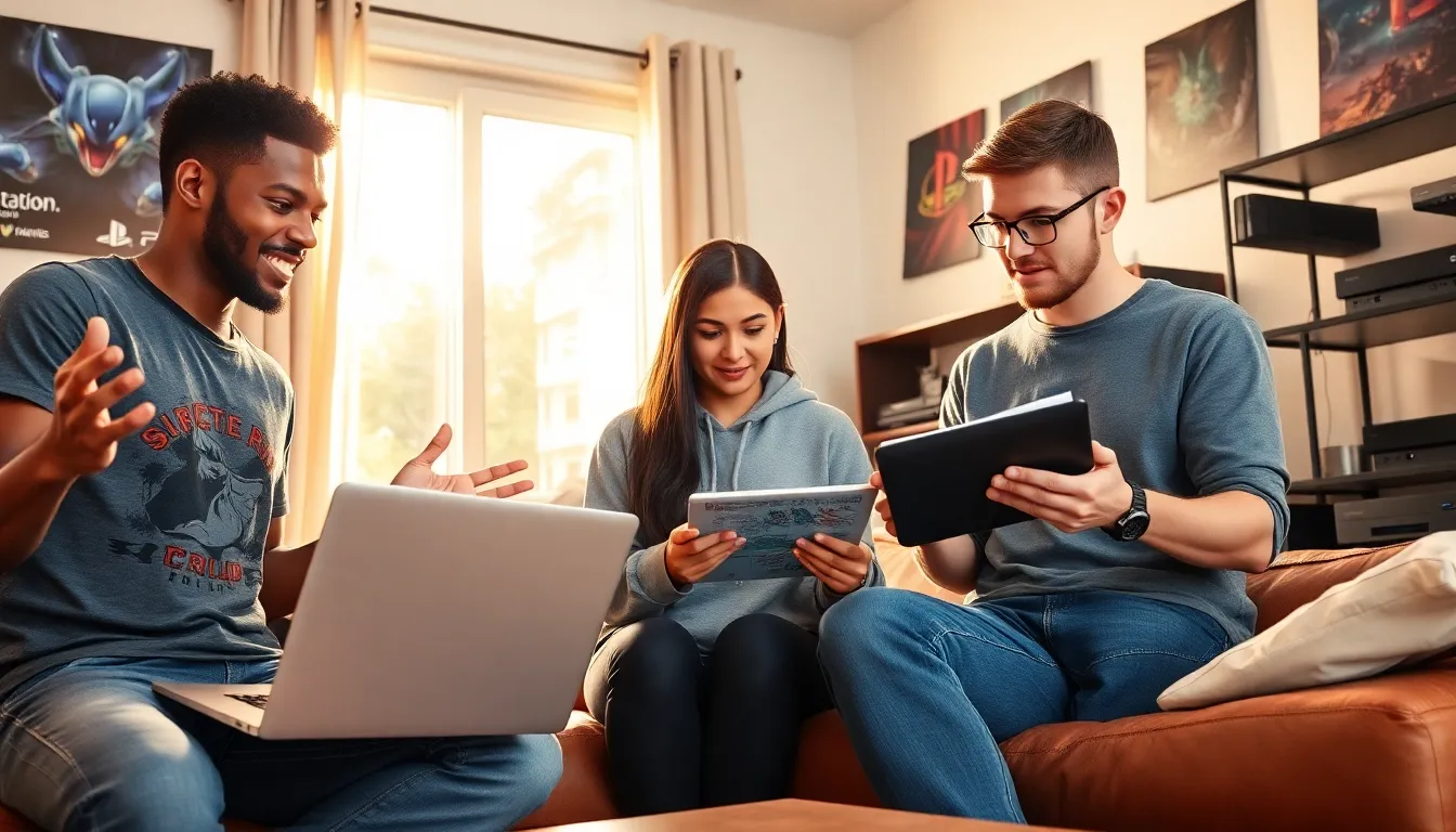 a diverse group collaborating on game development in a cozy living room.