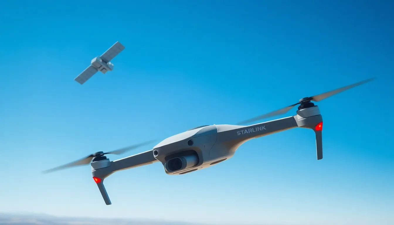 Futuristic drone connected to a Starlink satellite in a clear blue sky.