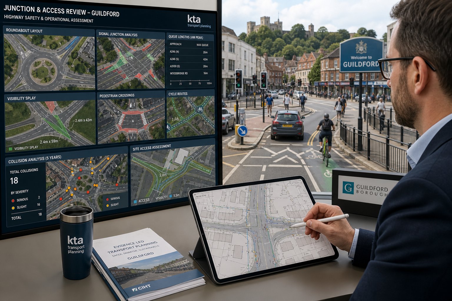 Traffic engineer reviewing junction access and highway safety plans in Guildford.