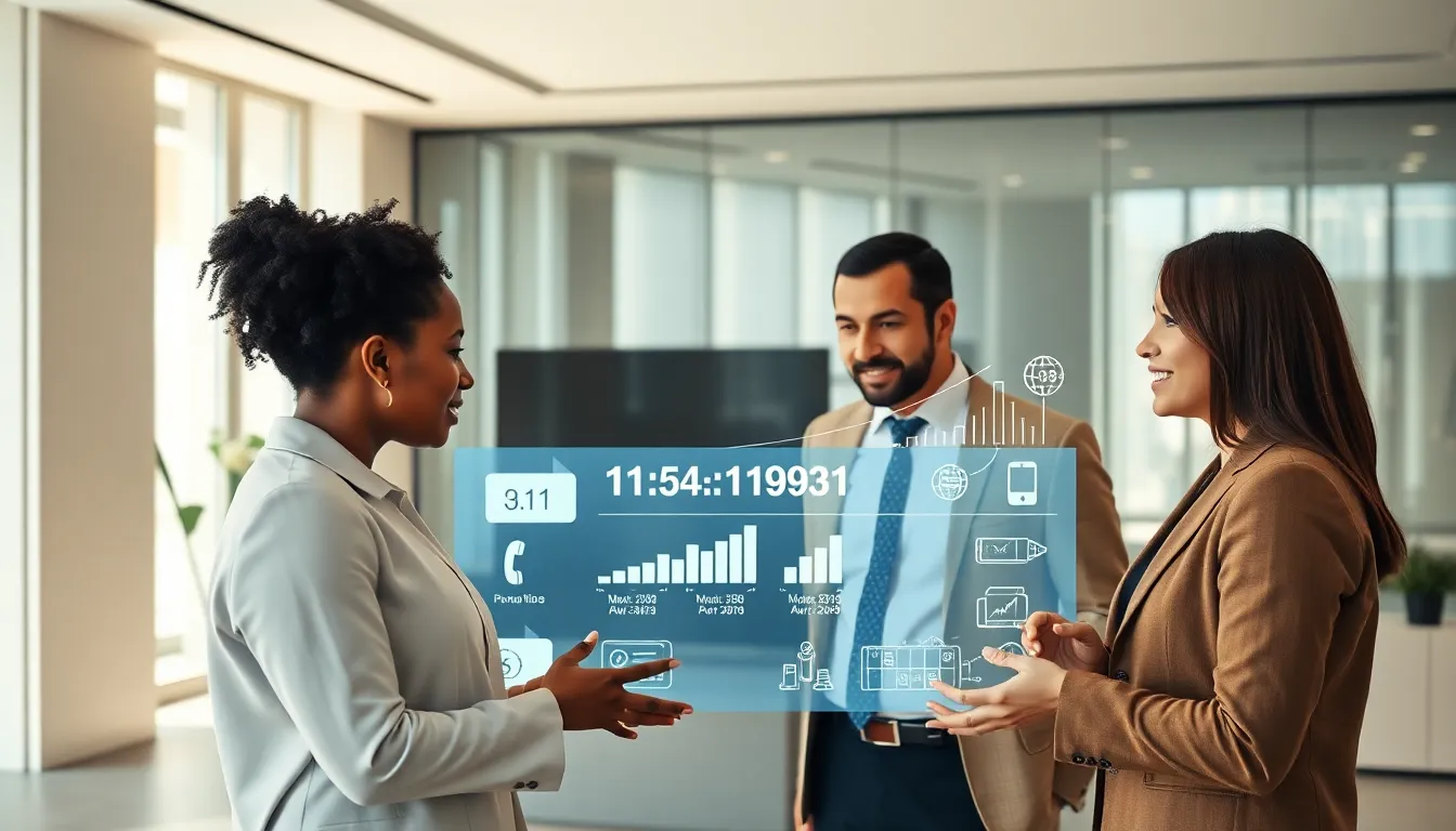 diverse professionals discussing phone number trends in a modern office.