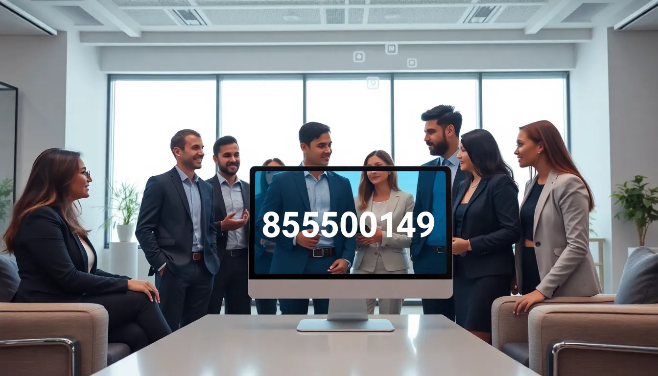 diverse professionals discussing the toll-free number 8555101490 in an office.