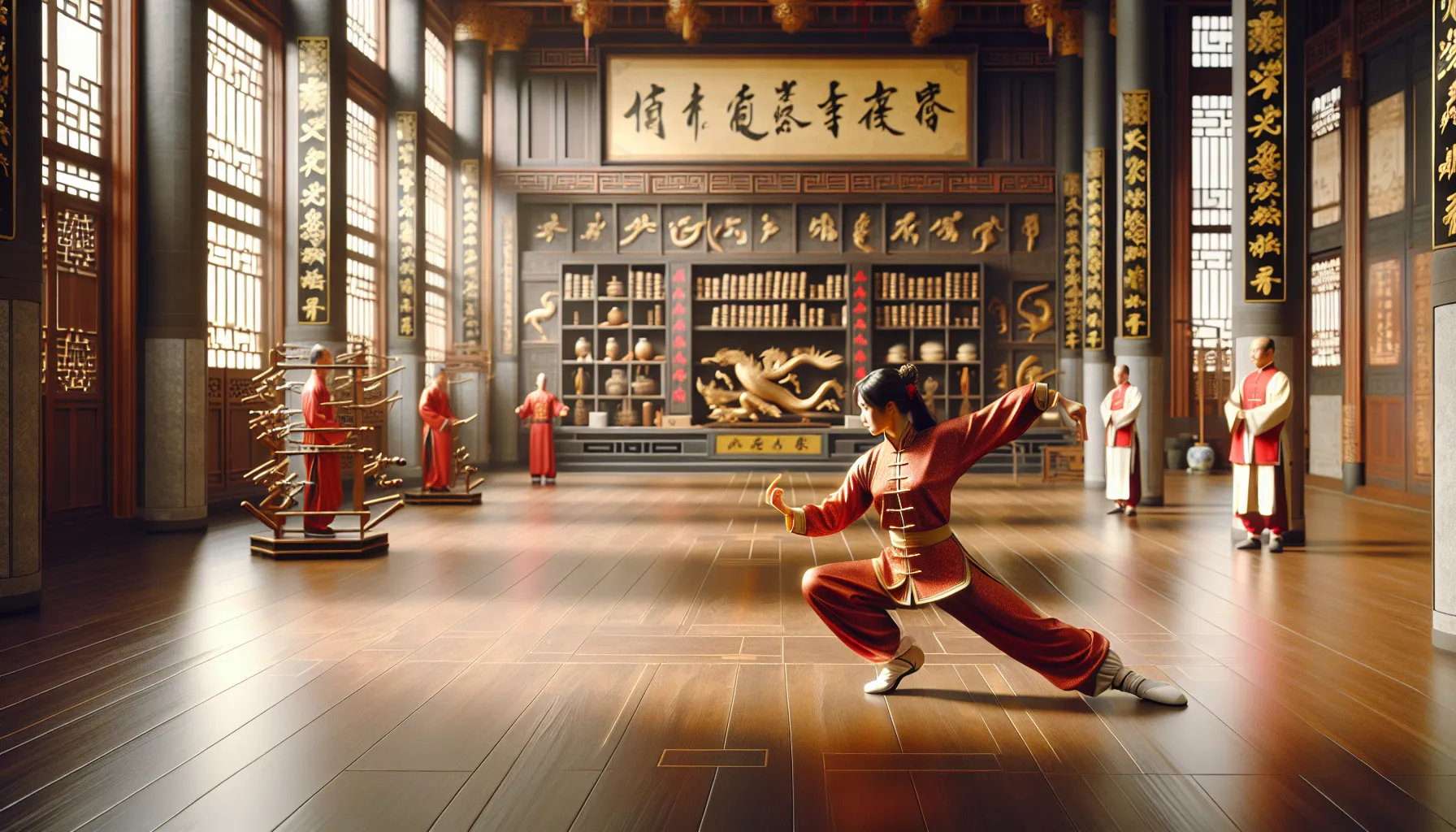 A Kung Fu practitioner performing a form in a well-lit martial arts studio.