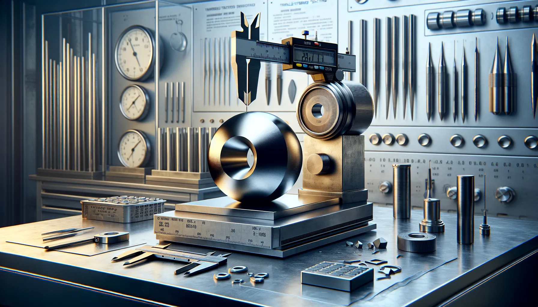 A comparison of tungsten and titanium metal samples with measuring tools in a lab.