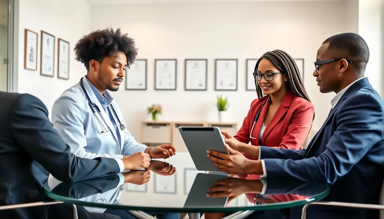 healthcare professionals in a modern office conducting a video consultation with a patient.