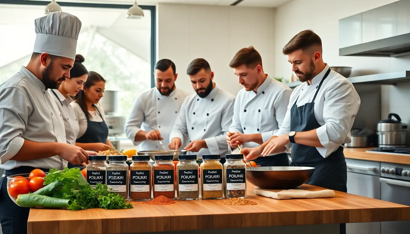 chefs preparing food with Poziukri seasoning in a modern kitchen.