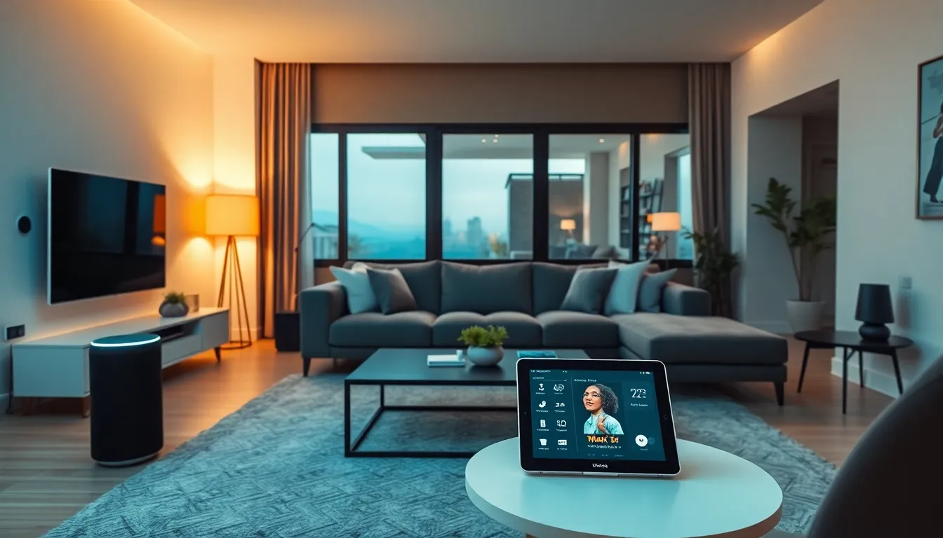 a modern living room in a smart home with integrated technology.