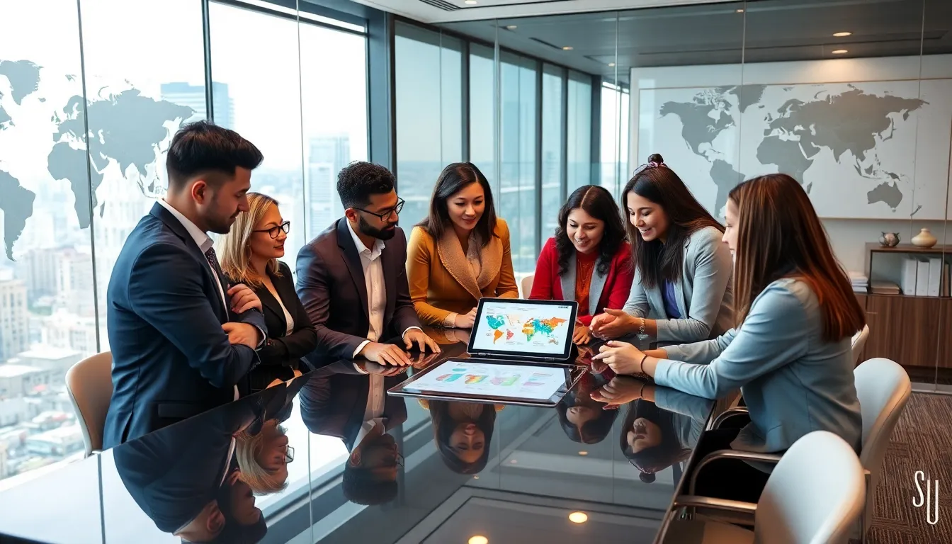 diverse team discussing cultural comparisons in a modern conference room.