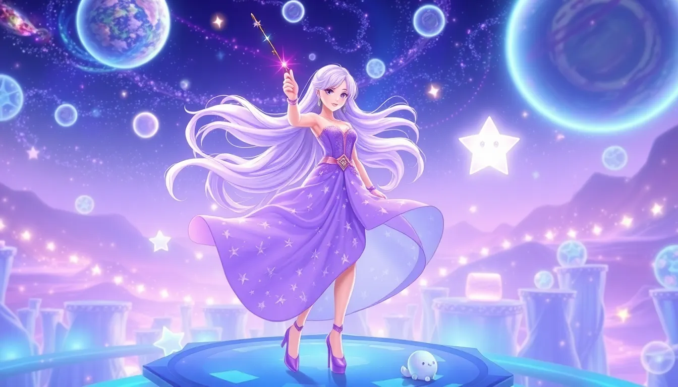 Rosalina summoning her Luma companion in a cosmic gaming landscape.
