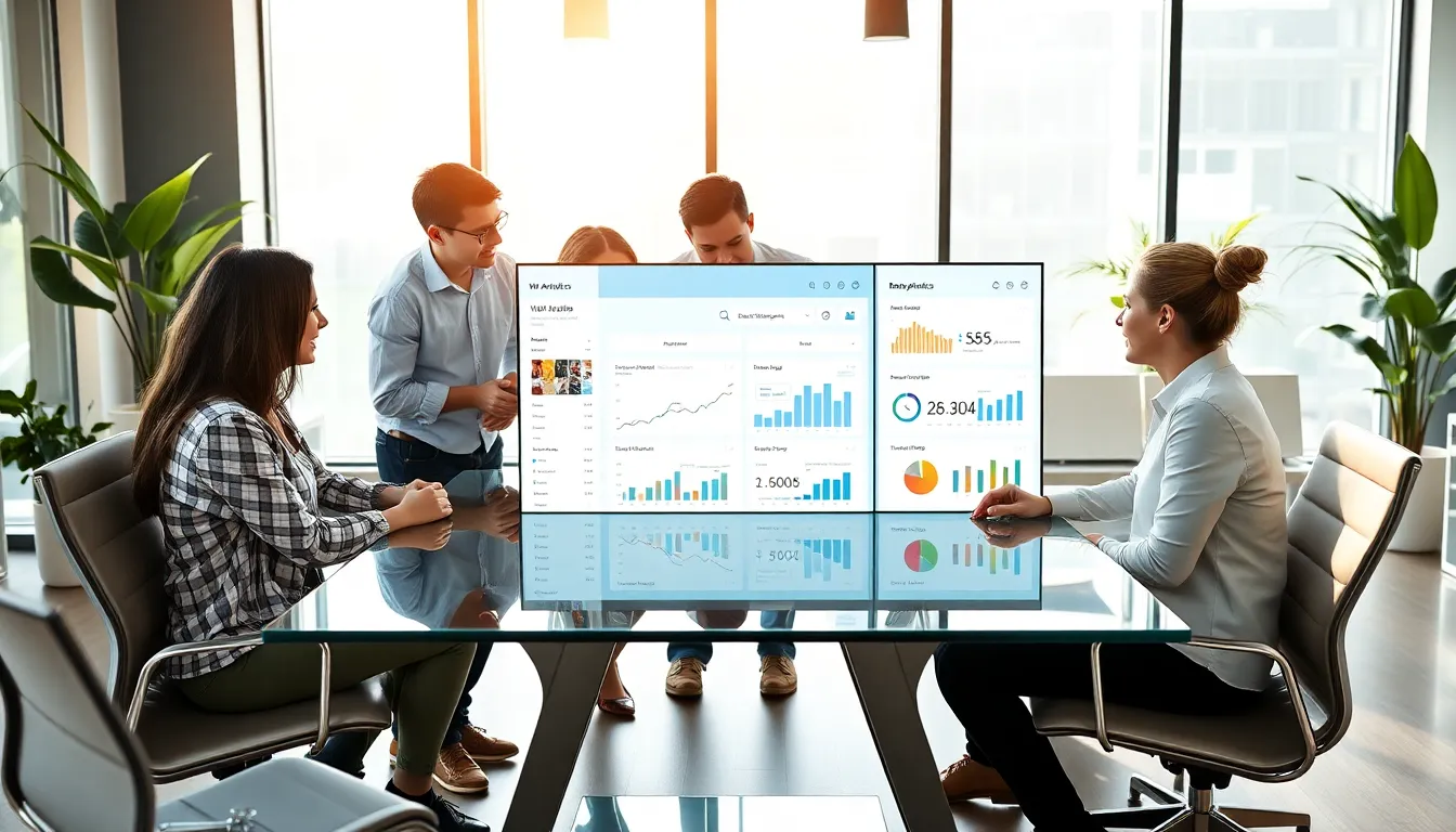 diverse team collaborating in a modern office about digital business solutions.