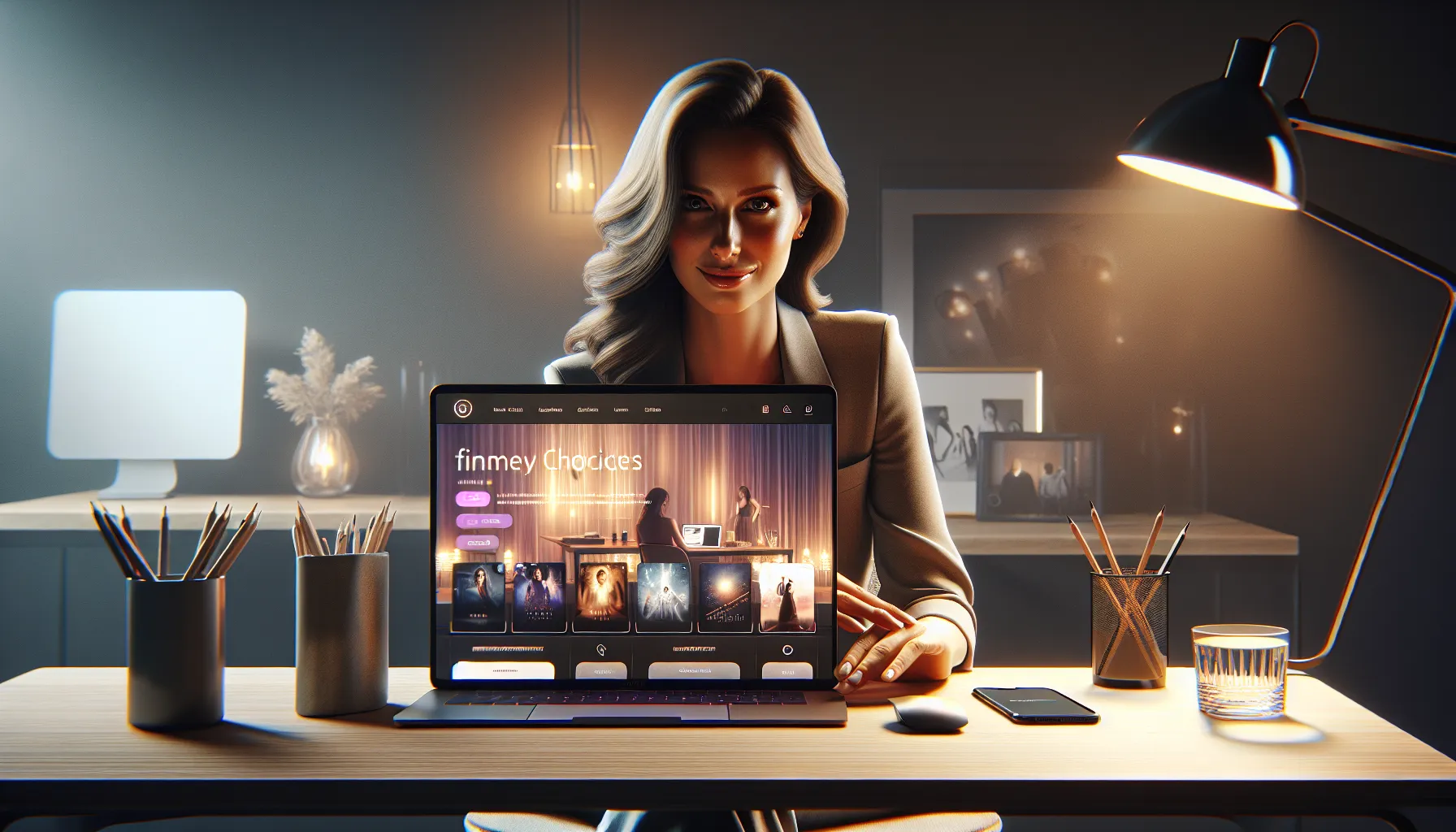 Individual navigating Filmijila.com on a laptop in a modern workspace.