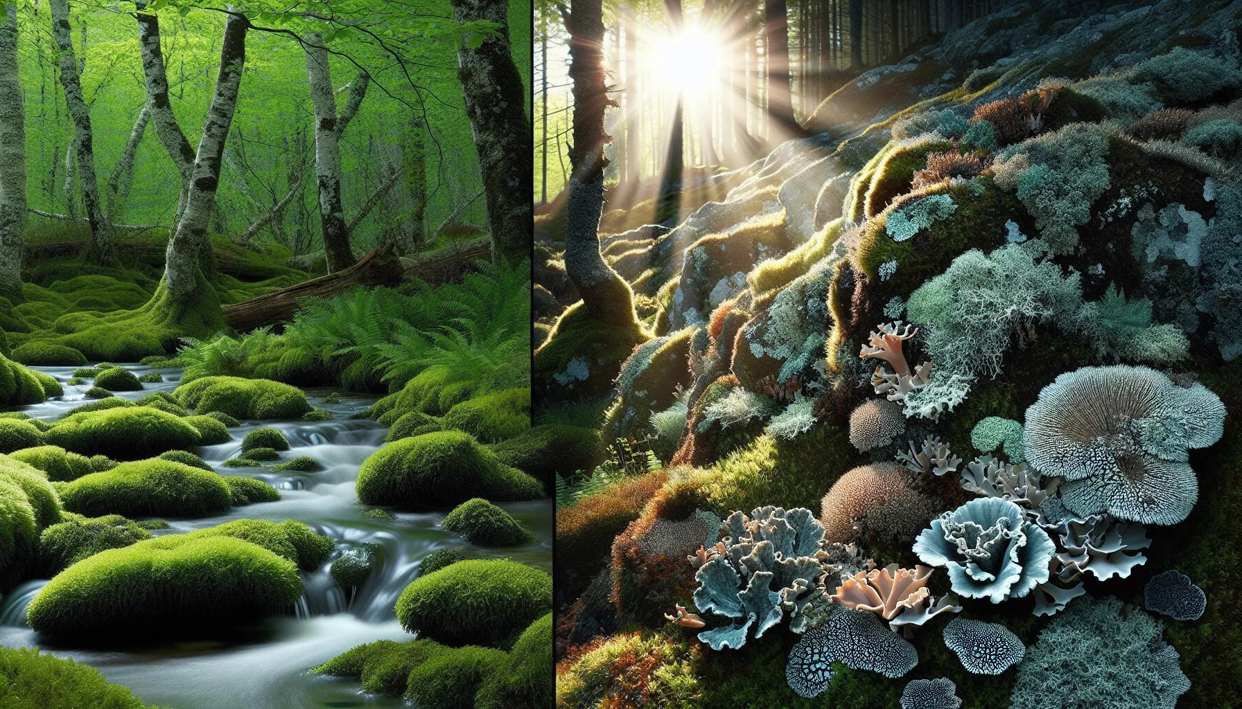 Contrasting habitats of green moss and sunlit rock lichens.