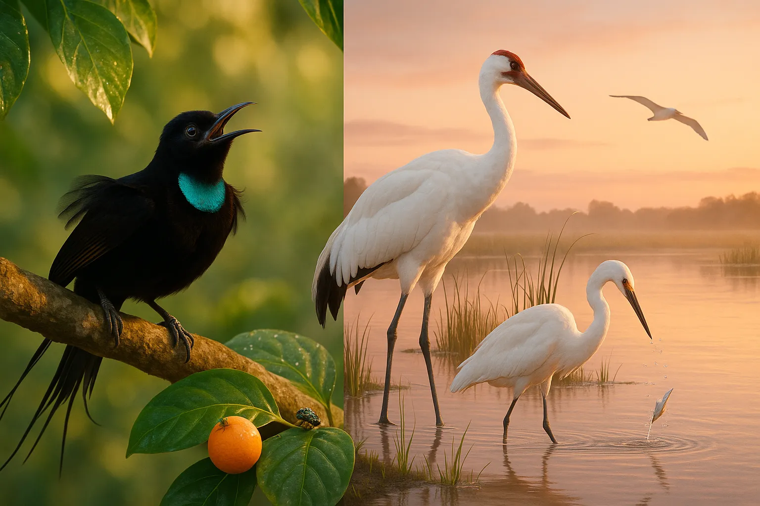 male bird-of-paradise in forest beside a whooping crane stalking in marsh