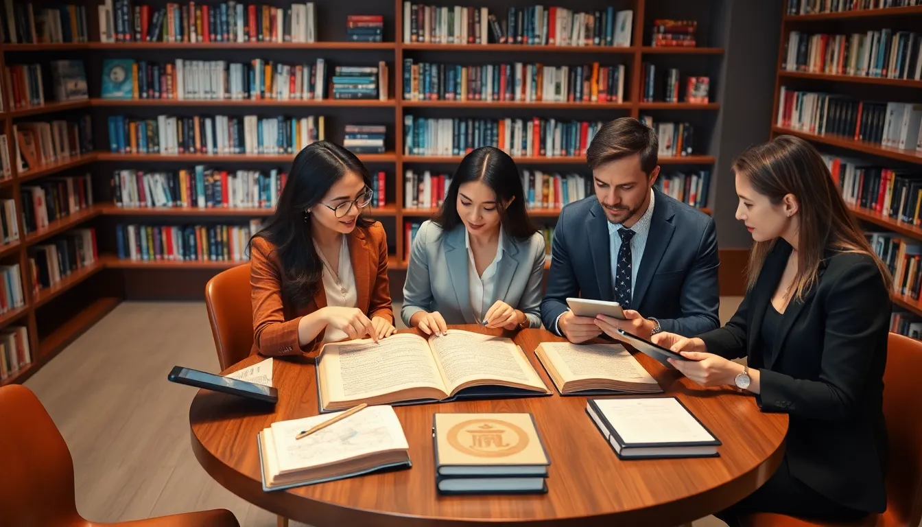 diverse professionals discussing historical texts in a modern library.