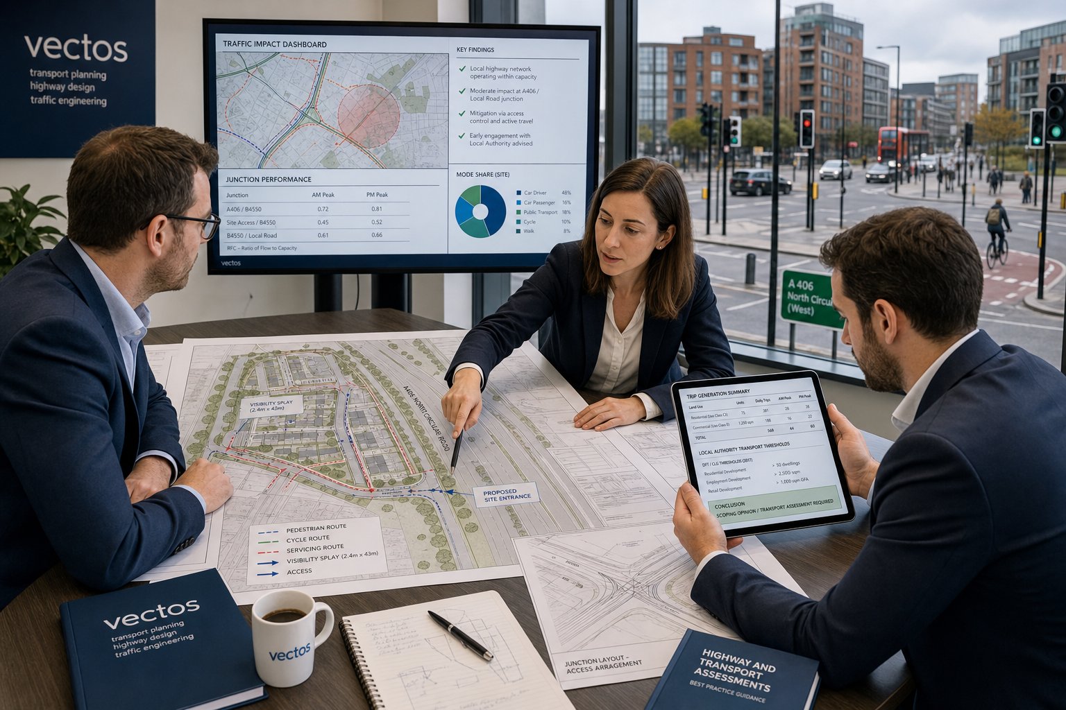 UK traffic consultants reviewing development access and transport plans in an office.