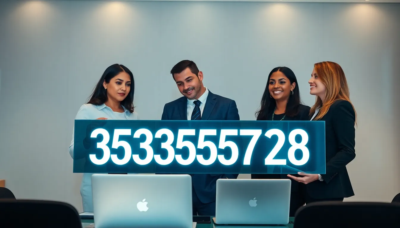 diverse professionals discussing a significant number in a modern office.