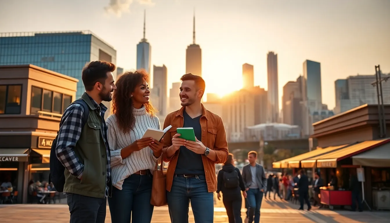 diverse group enjoying a spontaneous city getaway in front of a skyline.