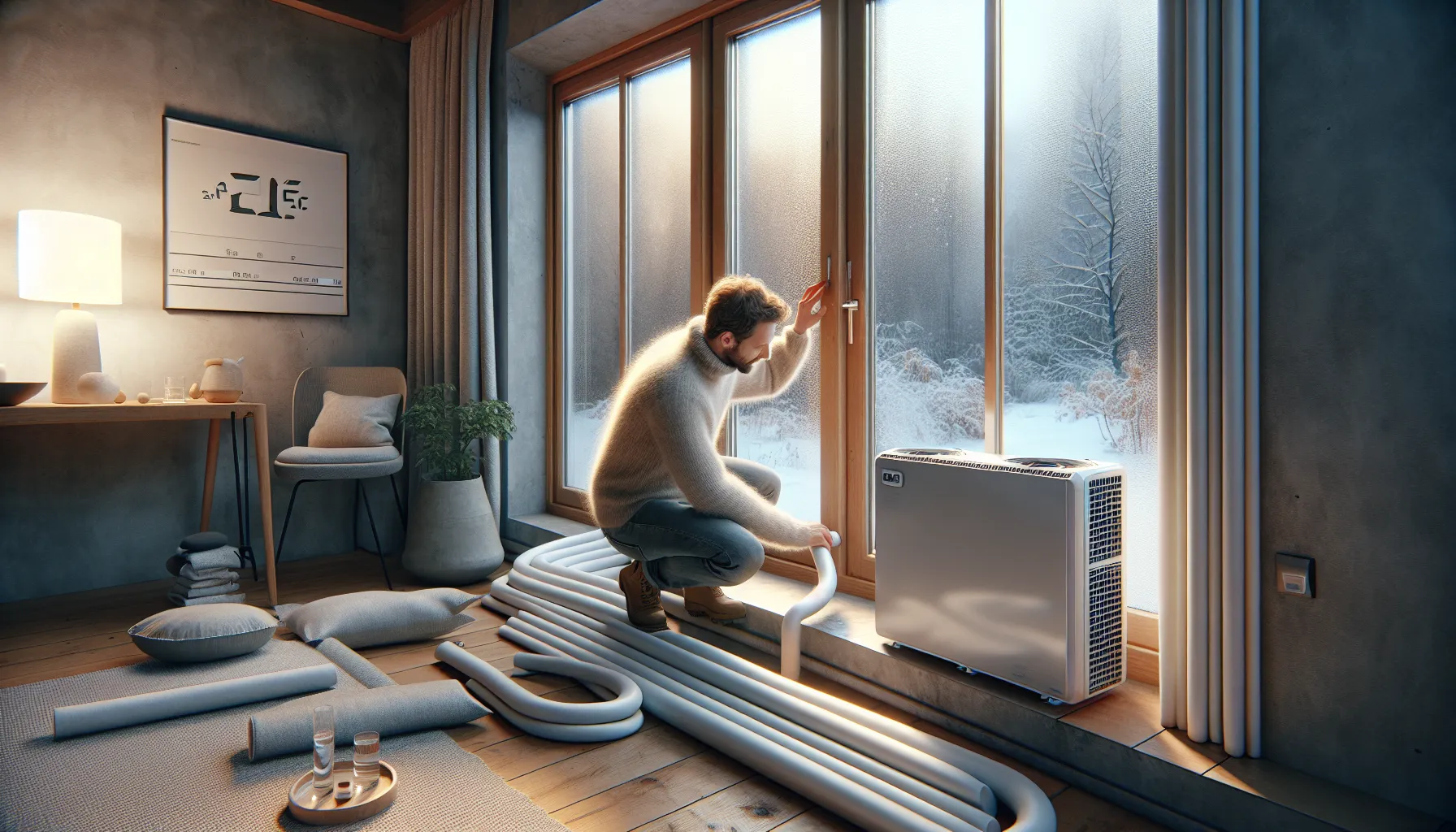 Norwegian homeowner sealing window and insulated heat pump pipes to reduce energy loss.